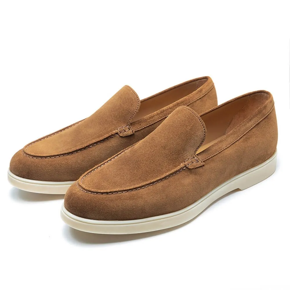 5 CM / 1.95 Inches CMR CHAMARIPA Handcrafted Hidden Heel Shoes For Men - Brown Suede Apron Toe Loafers