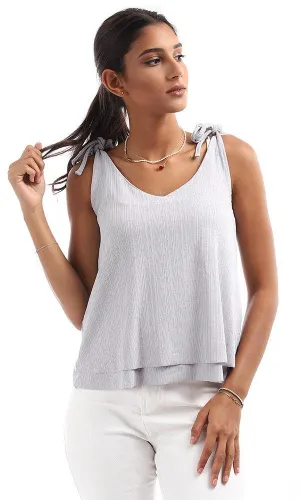 95616 Lace Up Straps V-Neck Light Grey Top