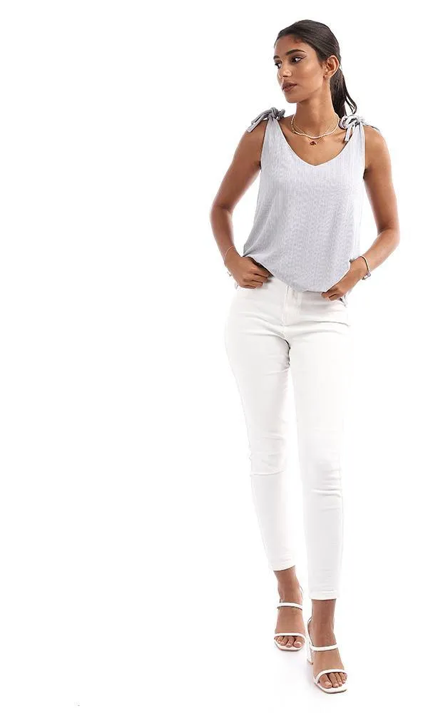 95616 Lace Up Straps V-Neck Light Grey Top