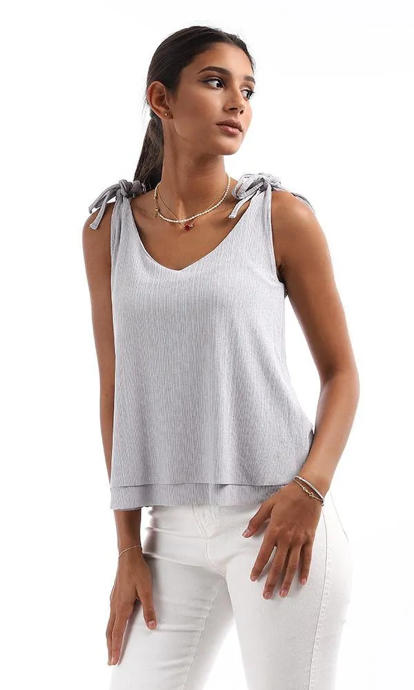 95616 Lace Up Straps V-Neck Light Grey Top
