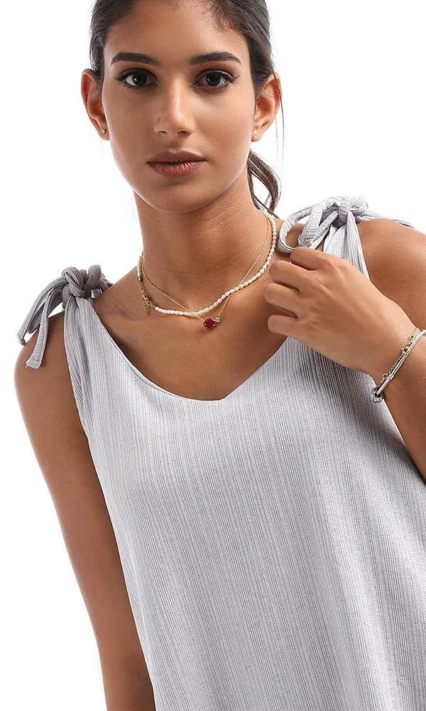 95616 Lace Up Straps V-Neck Light Grey Top