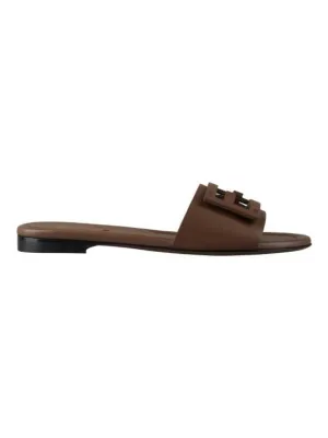 Baguette FF Logo Leather Slippers Mocha