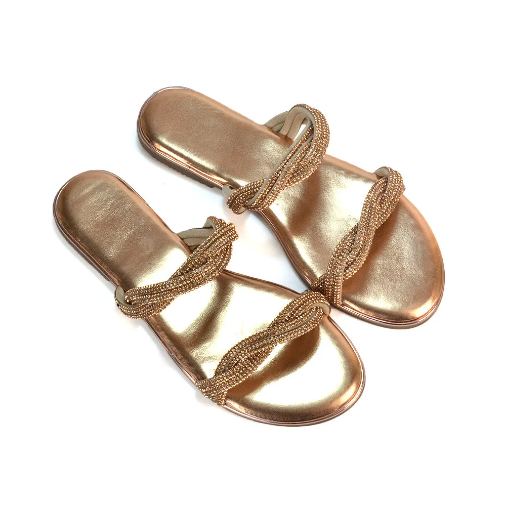 Clara Strappy Flat Diamante Sandals Summer Sliders in Rose Gold