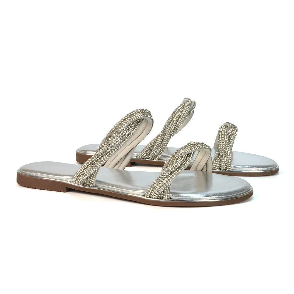 Clara Strappy Flat Diamante Sandals Summer Sliders in Rose Gold