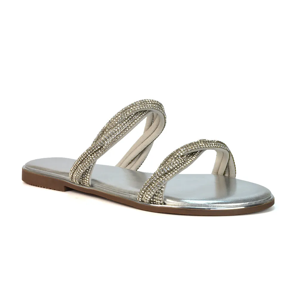 Clara Strappy Flat Diamante Sandals Summer Sliders in Rose Gold
