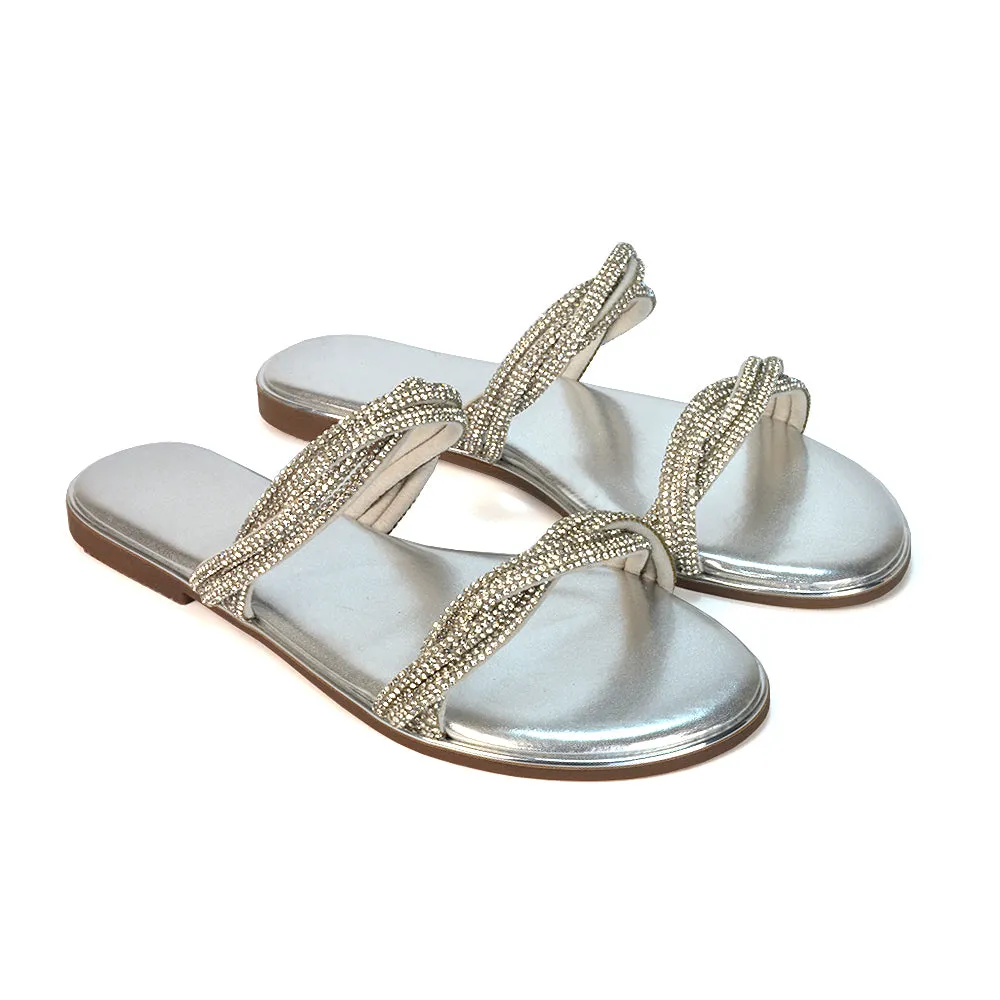 Clara Strappy Flat Diamante Sandals Summer Sliders in Rose Gold