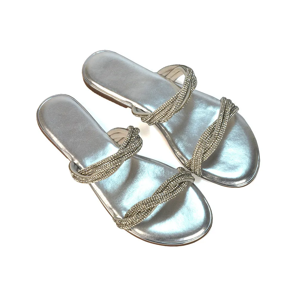 Clara Strappy Flat Diamante Sandals Summer Sliders in Rose Gold