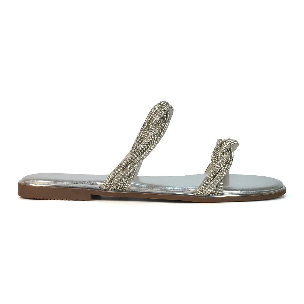 Clara Strappy Flat Diamante Sandals Summer Sliders in Rose Gold