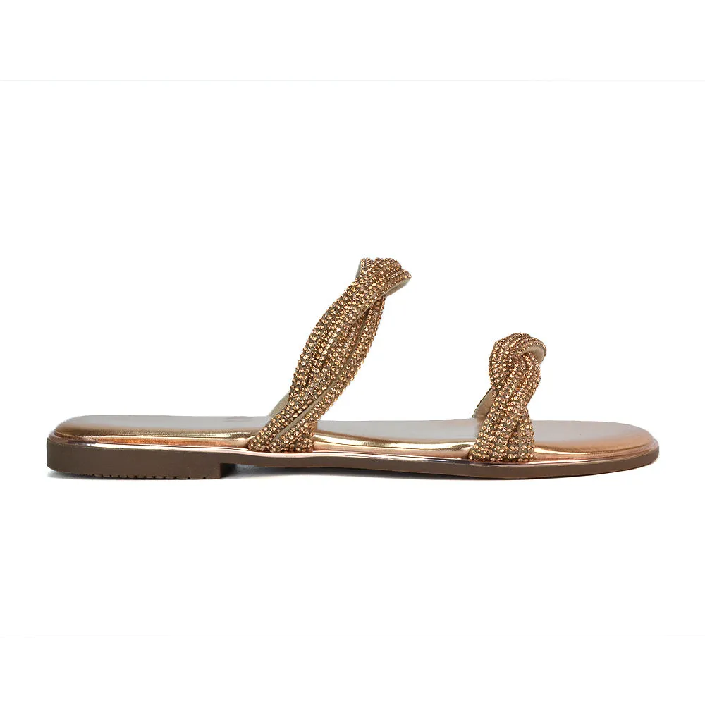 Clara Strappy Flat Diamante Sandals Summer Sliders in Rose Gold