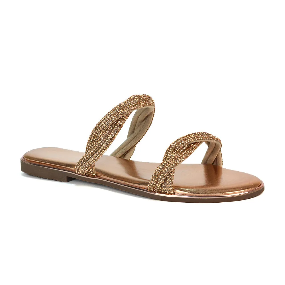 Clara Strappy Flat Diamante Sandals Summer Sliders in Rose Gold