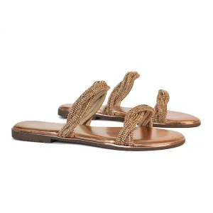 Clara Strappy Flat Diamante Sandals Summer Sliders in Rose Gold