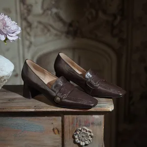 Cow Leather Almond Toe Penny Loafers For Women 50mm Block Heel In Black/Coffee