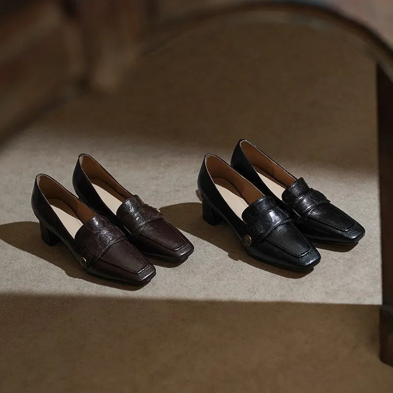 Cow Leather Almond Toe Penny Loafers For Women 50mm Block Heel In Black/Coffee