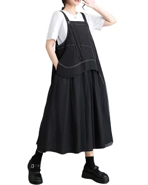 ellazhu Women's Strap Dress Patchwork Tulle Black Loose Oversize Button Pockets Flowy Hem Summer GZ234