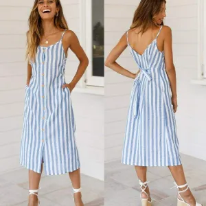 FashionSierra - Women Holiday Strappy Button Stripe Dress New Fashion Summer Ladies Beach Casual Sleeveless High Waist Sun Dress Hot