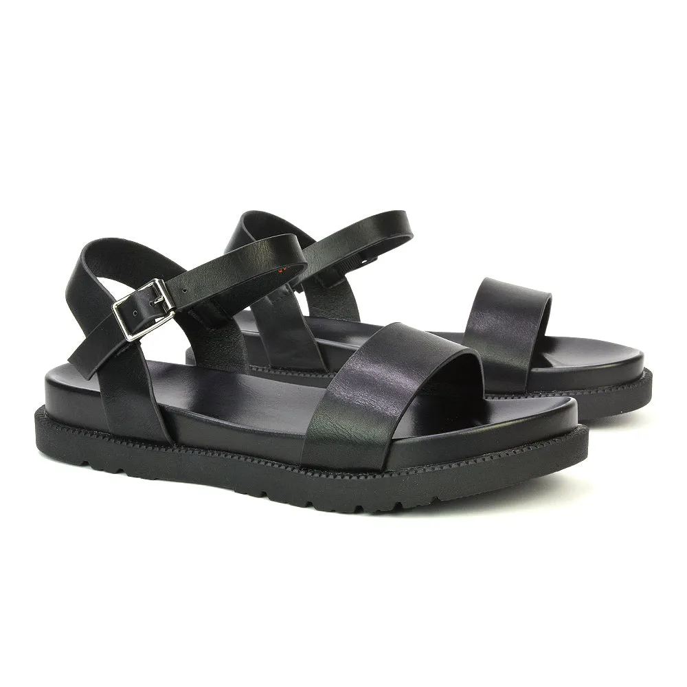 Grace Flatform Ankle Buckle Strappy Flat Summer Sandals in Gold Metallic