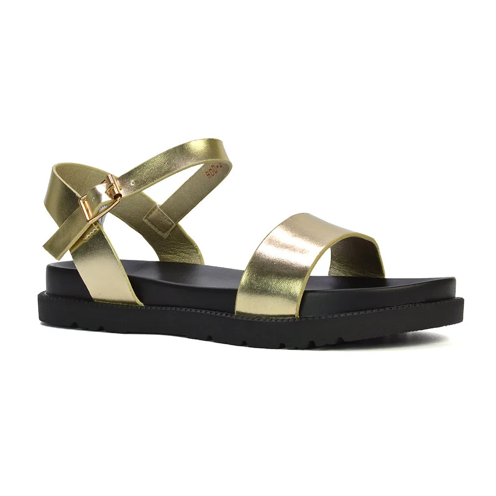 Grace Flatform Ankle Buckle Strappy Flat Summer Sandals in Gold Metallic