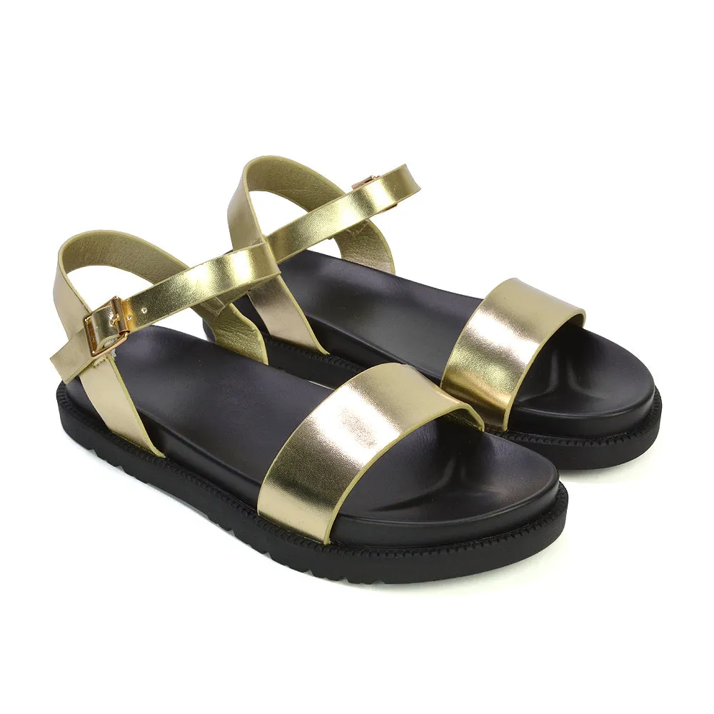 Grace Flatform Ankle Buckle Strappy Flat Summer Sandals in Gold Metallic