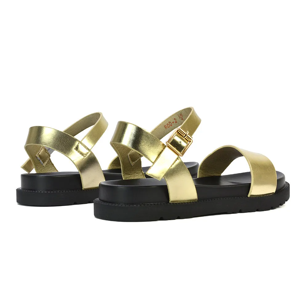 Grace Flatform Ankle Buckle Strappy Flat Summer Sandals in Gold Metallic