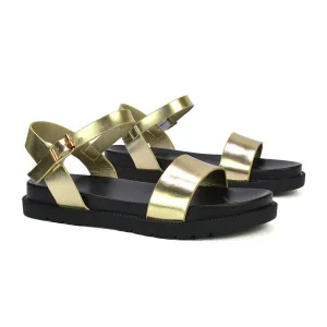 Grace Flatform Ankle Buckle Strappy Flat Summer Sandals in Gold Metallic