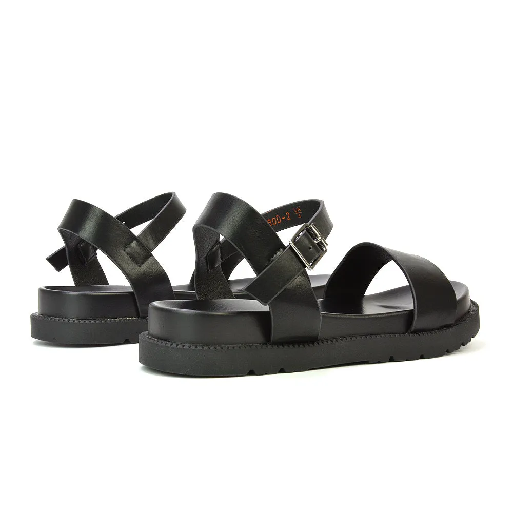 Grace Flatform Ankle Buckle Strappy Flat Summer Sandals in Gold Metallic