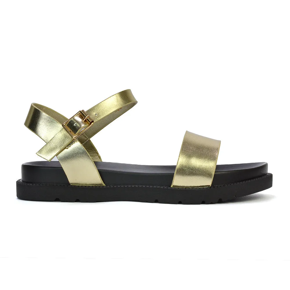 Grace Flatform Ankle Buckle Strappy Flat Summer Sandals in Gold Metallic
