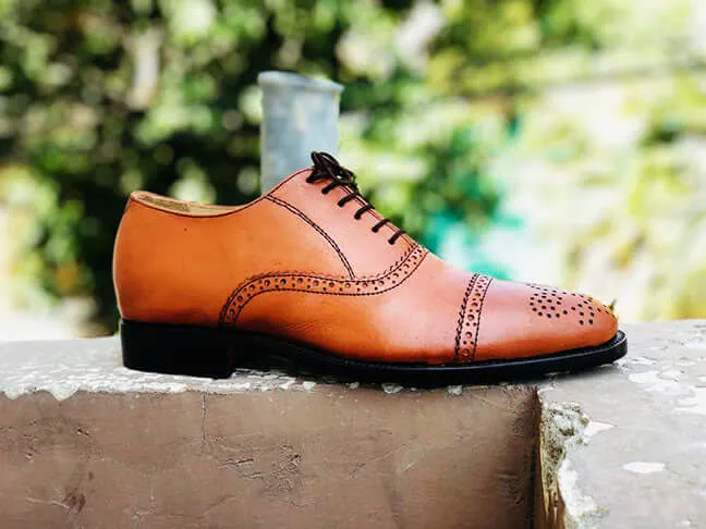 Handmade Men's Oxford Tan Cap Toe Shoes, Men Office Dress Designer Brogue Shoes