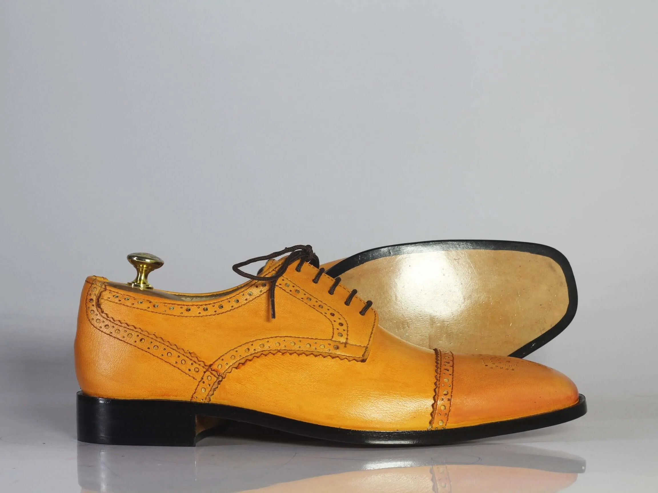 Handmade Men's Tan Leather Shoes, Men Lace Up Dress Cap Toe Brogue Dress Shoes