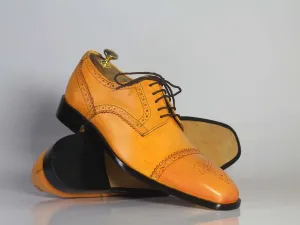 Handmade Men's Tan Leather Shoes, Men Lace Up Dress Cap Toe Brogue Dress Shoes