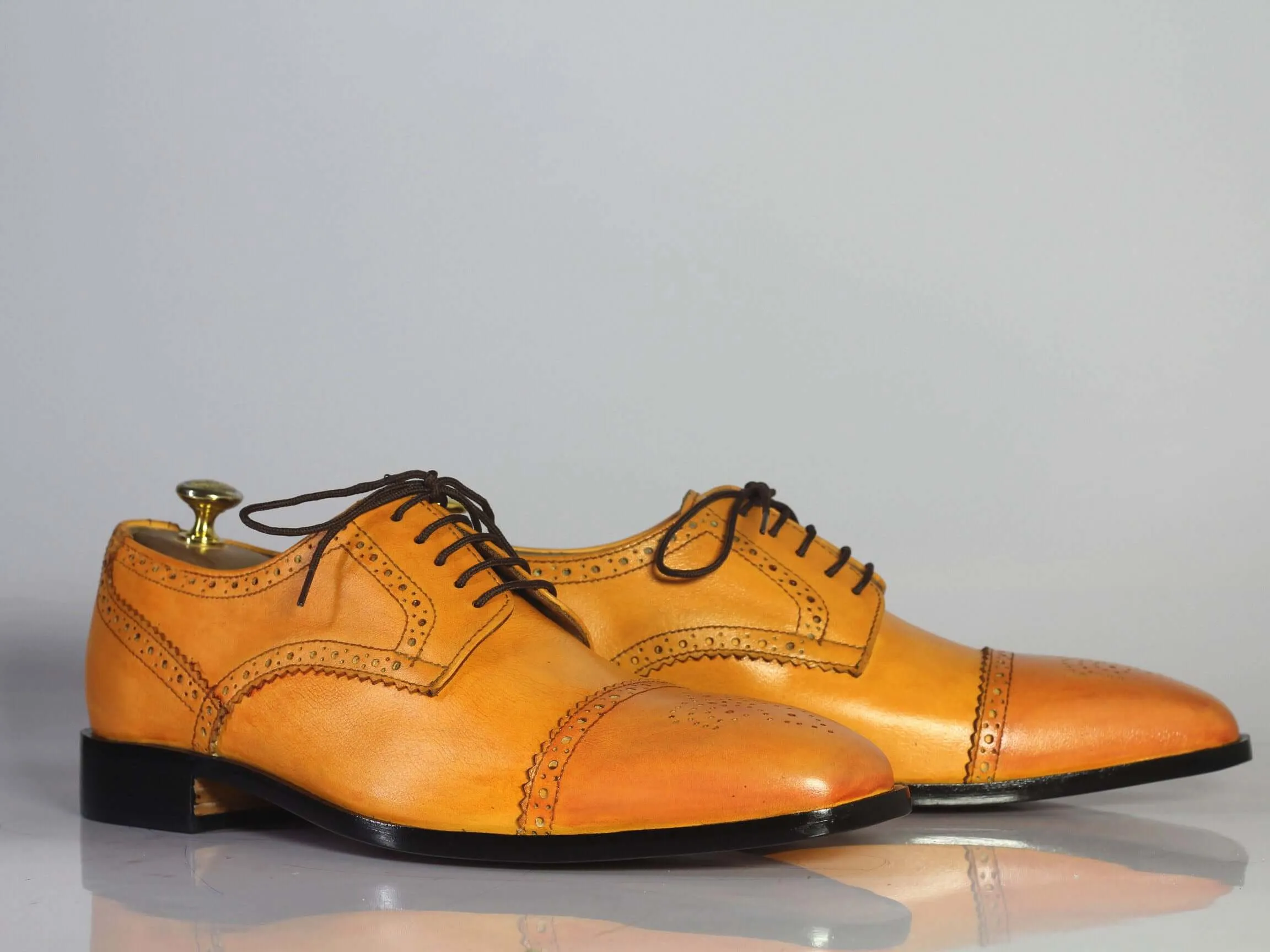 Handmade Men's Tan Leather Shoes, Men Lace Up Dress Cap Toe Brogue Dress Shoes