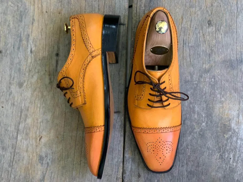 Handmade Men's Tan Leather Shoes, Men Lace Up Dress Cap Toe Brogue Dress Shoes