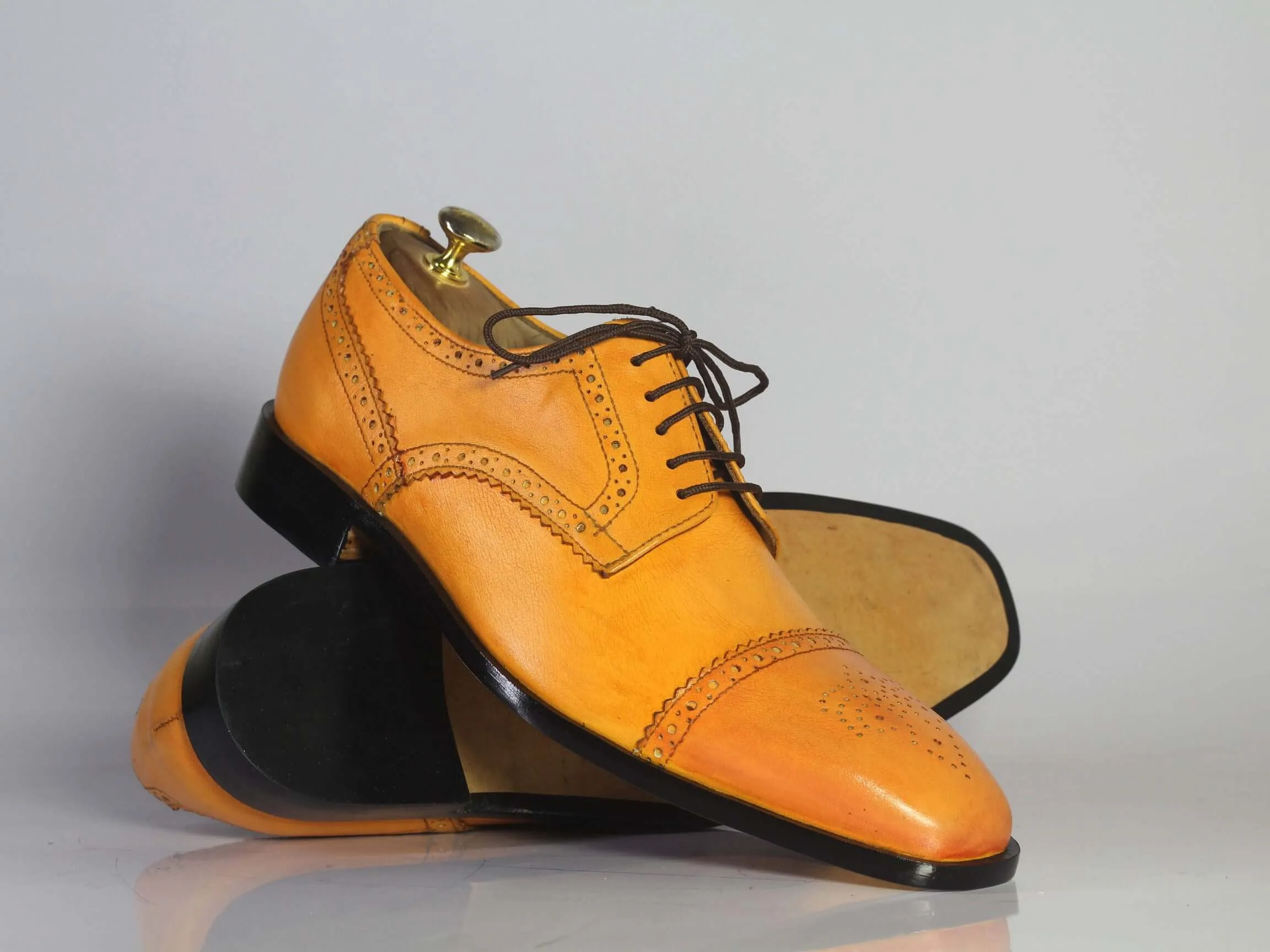 Handmade Men's Tan Leather Shoes, Men Lace Up Dress Cap Toe Brogue Dress Shoes