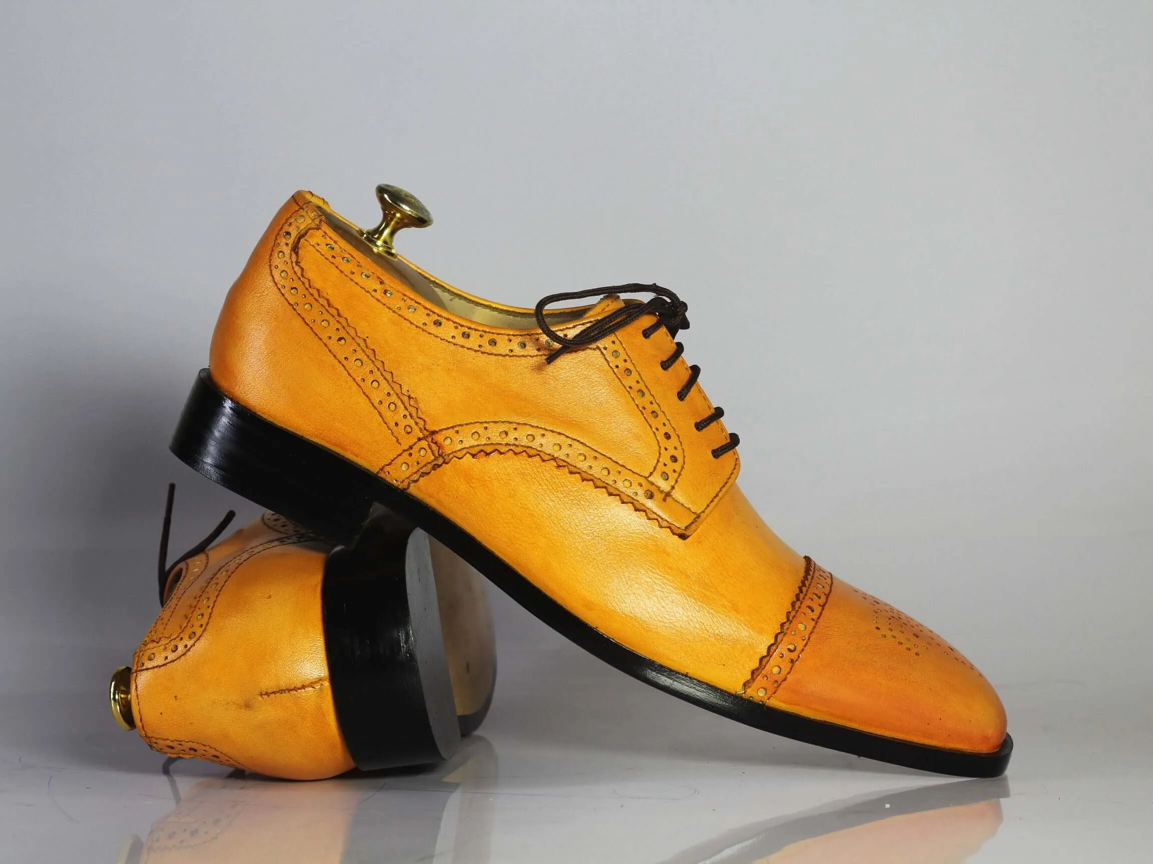 Handmade Men's Tan Leather Shoes, Men Lace Up Dress Cap Toe Brogue Dress Shoes