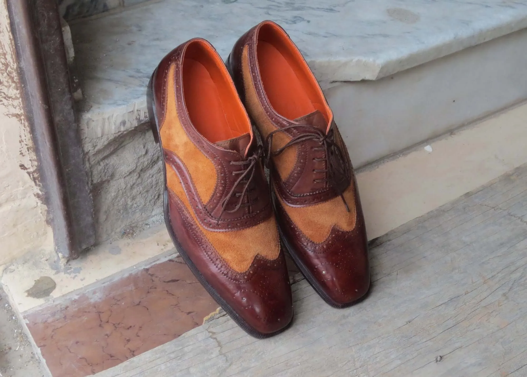 Handmade Men's Two Tone Brown Leather Suede Wing Tip Brogue Lace Up Shoes, Men Designer Dress Formal Luxury Shoes