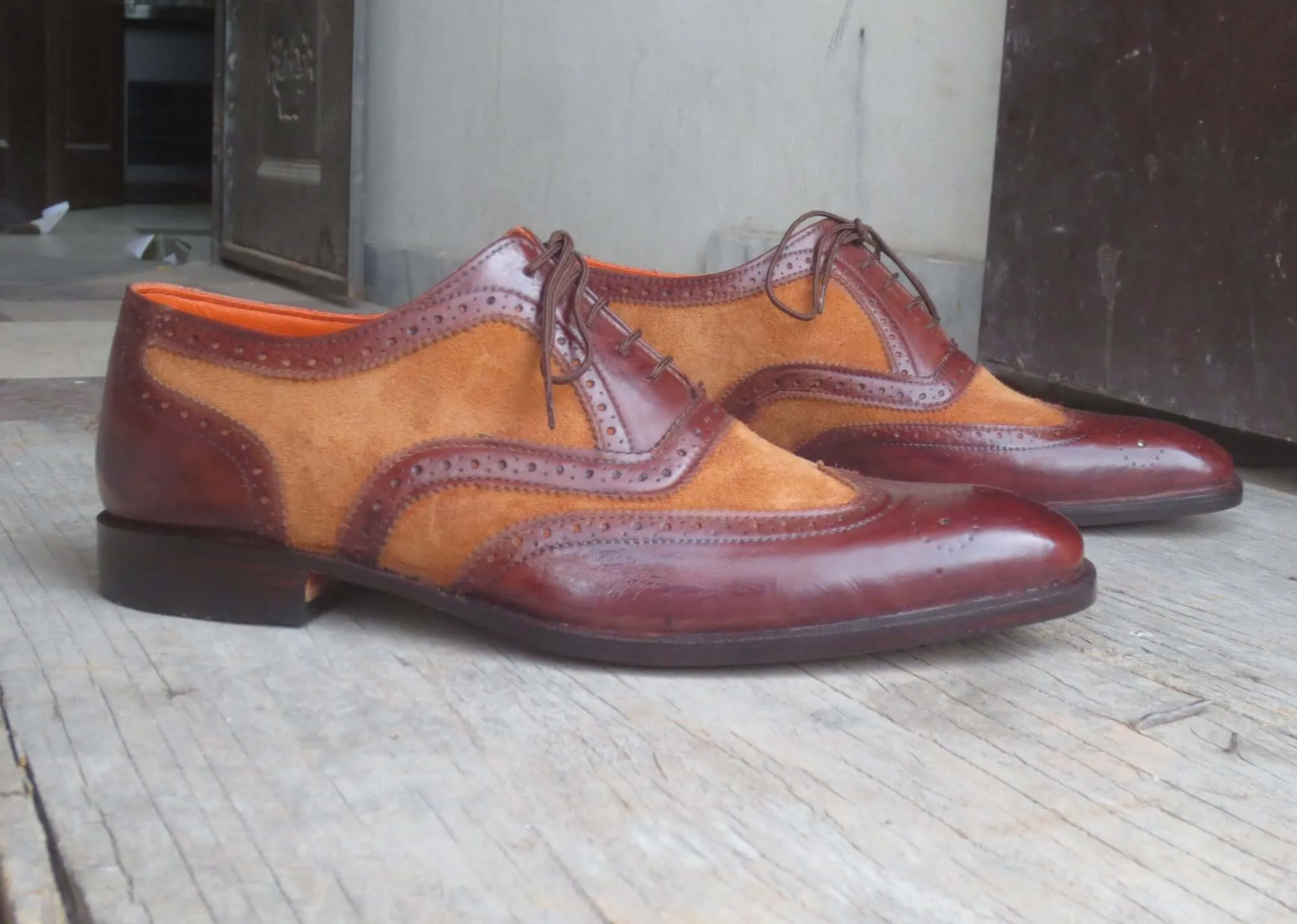 Handmade Men's Two Tone Brown Leather Suede Wing Tip Brogue Lace Up Shoes, Men Designer Dress Formal Luxury Shoes