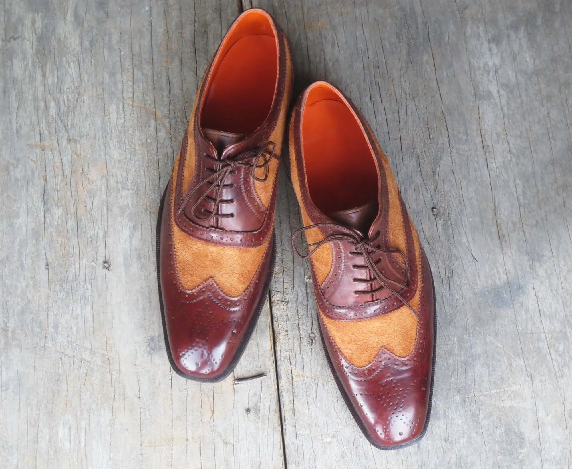 Handmade Men's Two Tone Brown Leather Suede Wing Tip Brogue Lace Up Shoes, Men Designer Dress Formal Luxury Shoes