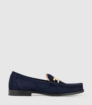 HINGE Penny Loafer with Trim in Navy Suede