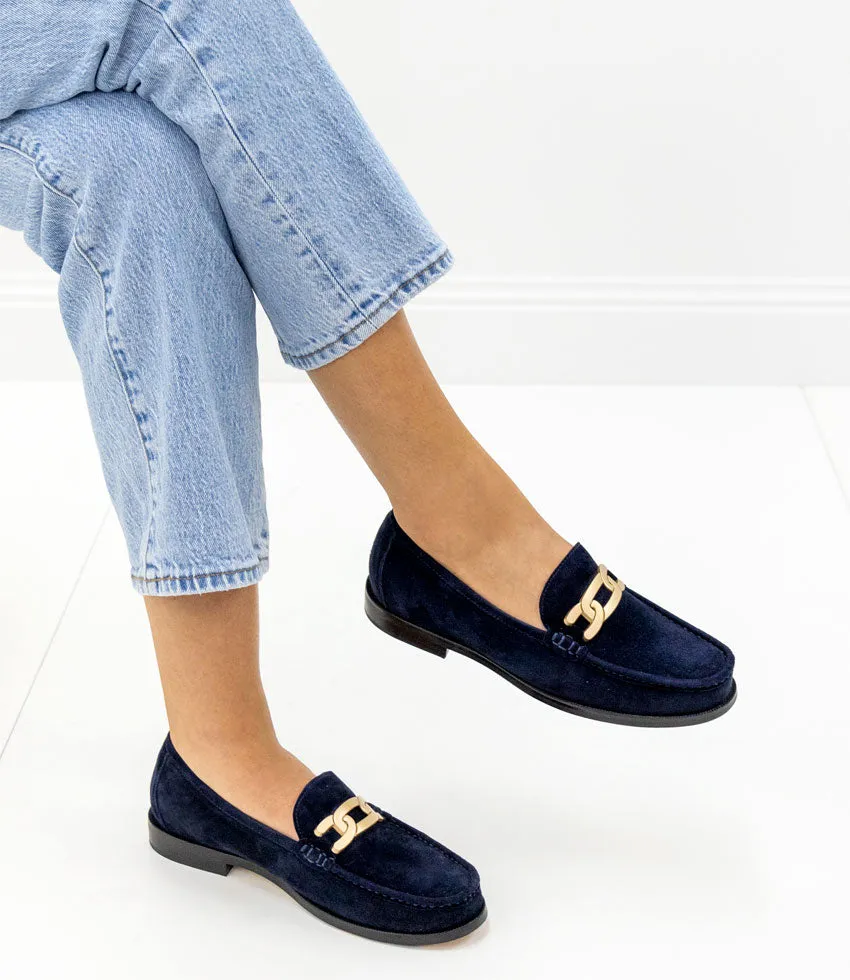 HINGE Penny Loafer with Trim in Navy Suede
