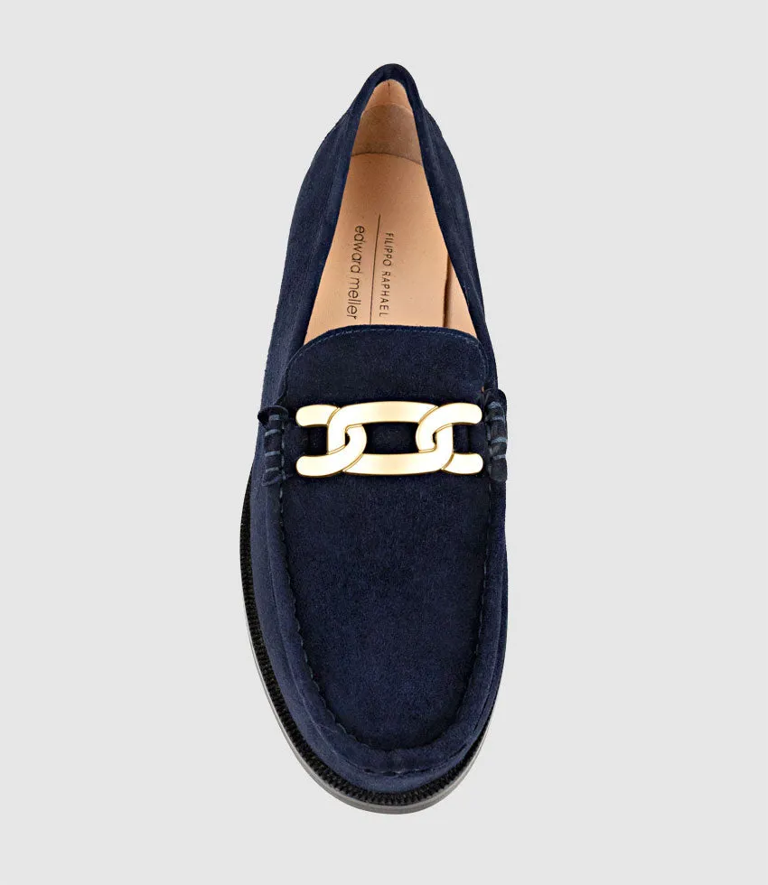 HINGE Penny Loafer with Trim in Navy Suede