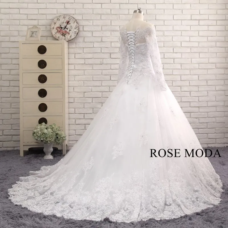 Rosemoda Off-the-shoulder Long Sleeev Chantilly Lace Ball Gown Wedding Dress