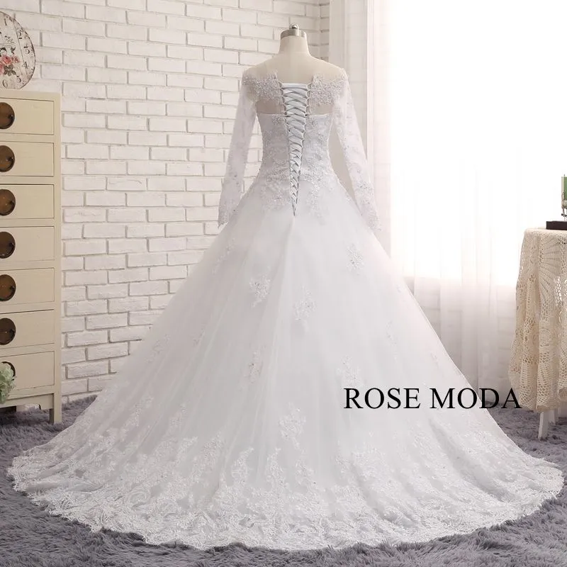 Rosemoda Off-the-shoulder Long Sleeev Chantilly Lace Ball Gown Wedding Dress