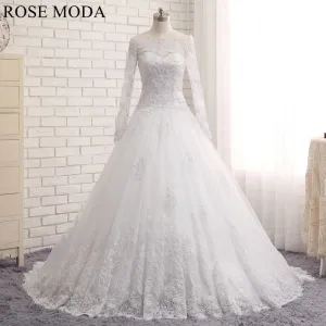 Rosemoda Off-the-shoulder Long Sleeev Chantilly Lace Ball Gown Wedding Dress