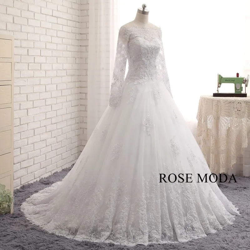 Rosemoda Off-the-shoulder Long Sleeev Chantilly Lace Ball Gown Wedding Dress