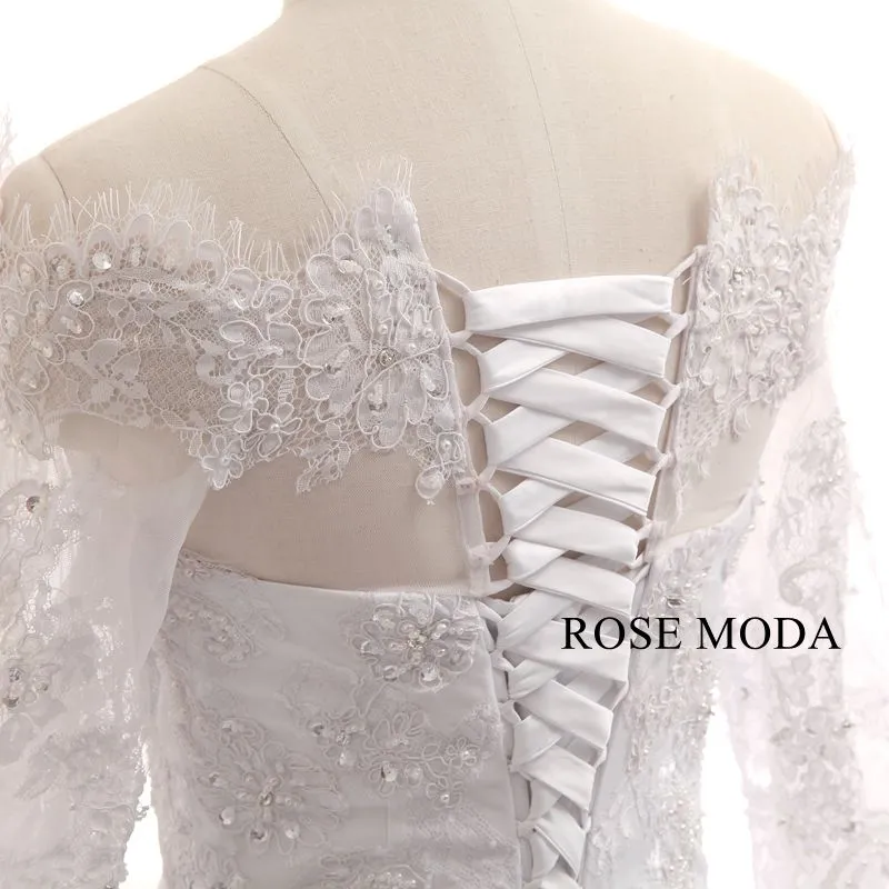 Rosemoda Off-the-shoulder Long Sleeev Chantilly Lace Ball Gown Wedding Dress