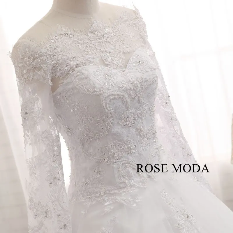 Rosemoda Off-the-shoulder Long Sleeev Chantilly Lace Ball Gown Wedding Dress