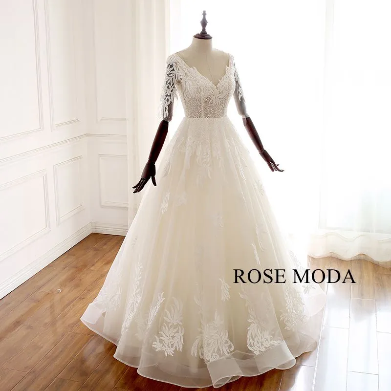 Rosemoda V Neckline Beaded Lace Illusion Ball Gown Wedding Dress