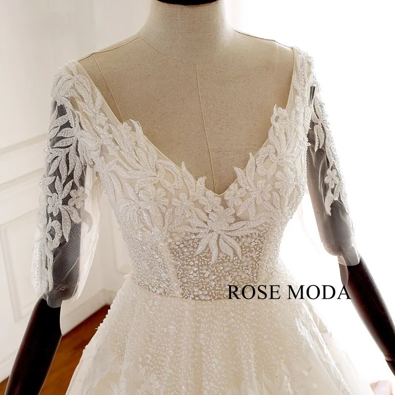 Rosemoda V Neckline Beaded Lace Illusion Ball Gown Wedding Dress