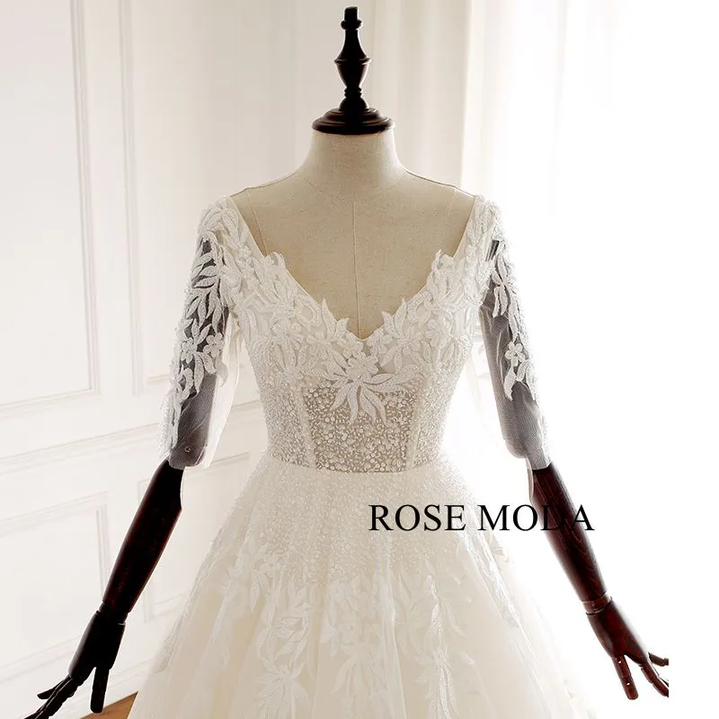 Rosemoda V Neckline Beaded Lace Illusion Ball Gown Wedding Dress