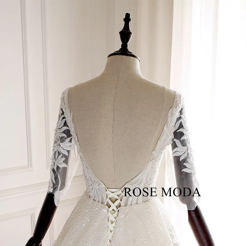 Rosemoda V Neckline Beaded Lace Illusion Ball Gown Wedding Dress