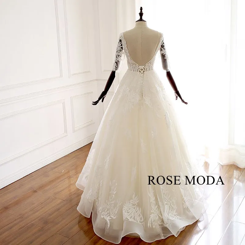 Rosemoda V Neckline Beaded Lace Illusion Ball Gown Wedding Dress